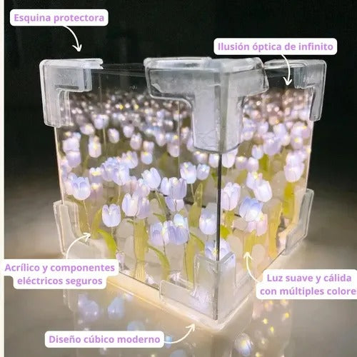 🌷✨ Lámpara Tulipanes Infinito – Elegancia y Magia en un Cubo ✨🌷