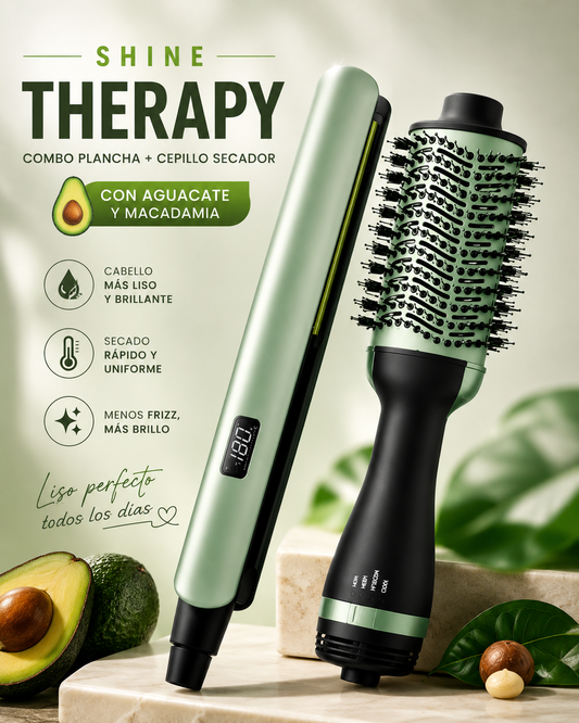 Combo Plancha Alisadora + Cepillo Secador Shine Therapy Aguacate | Cabello Liso, Brillante y Sin Frizz
