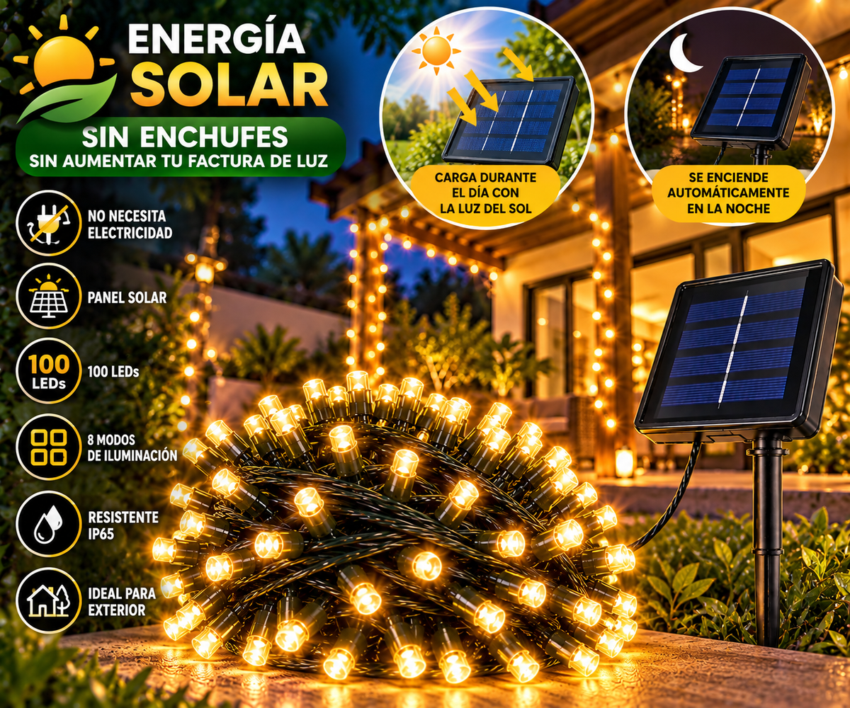 Luces Led Navidad Panel Solar Calida