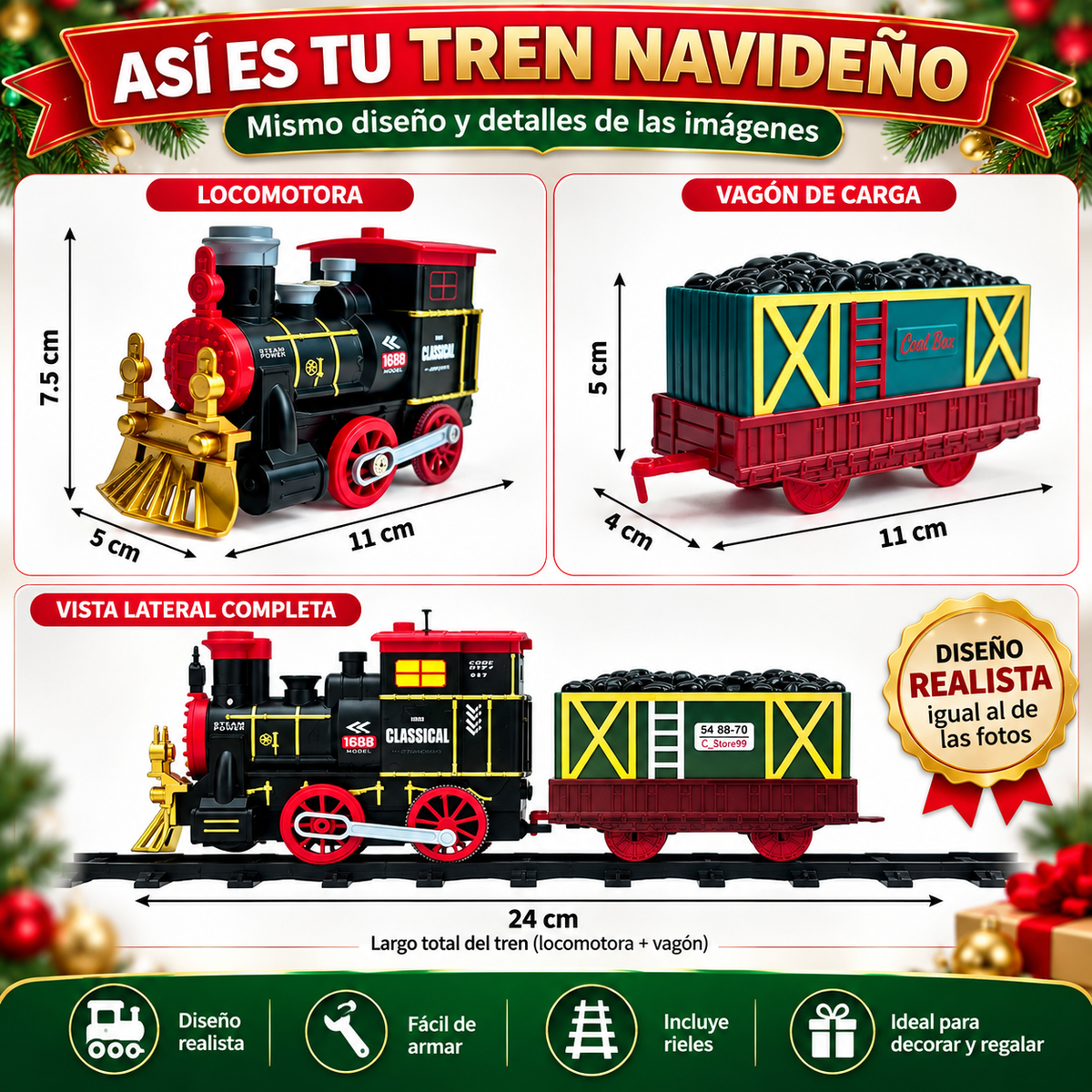 Tren Navideño Clásico Luz Sonido y Humo