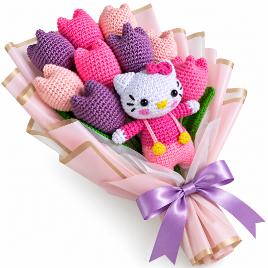 Ramo de 9 Tulipanes y 1 Hello Kitty en Crochet