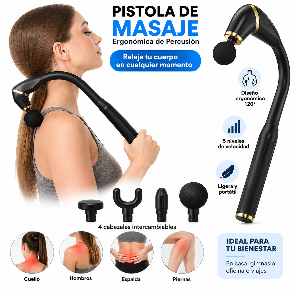 Pistola de Masaje Ergonómica de Percusión para Relajación Muscular