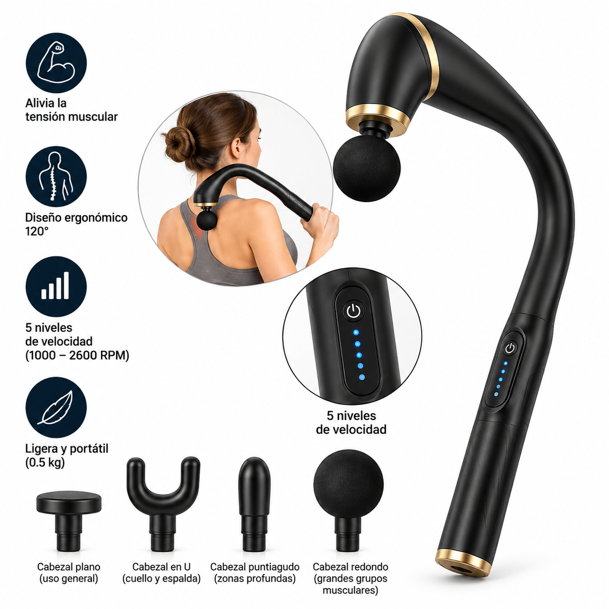 Pistola de Masaje Ergonómica de Percusión para Relajación Muscular