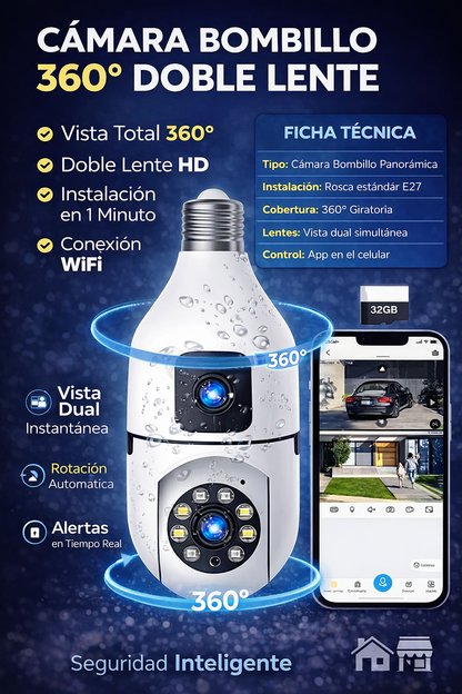 Cámara Tipo Bombillo 360 Doble Lente