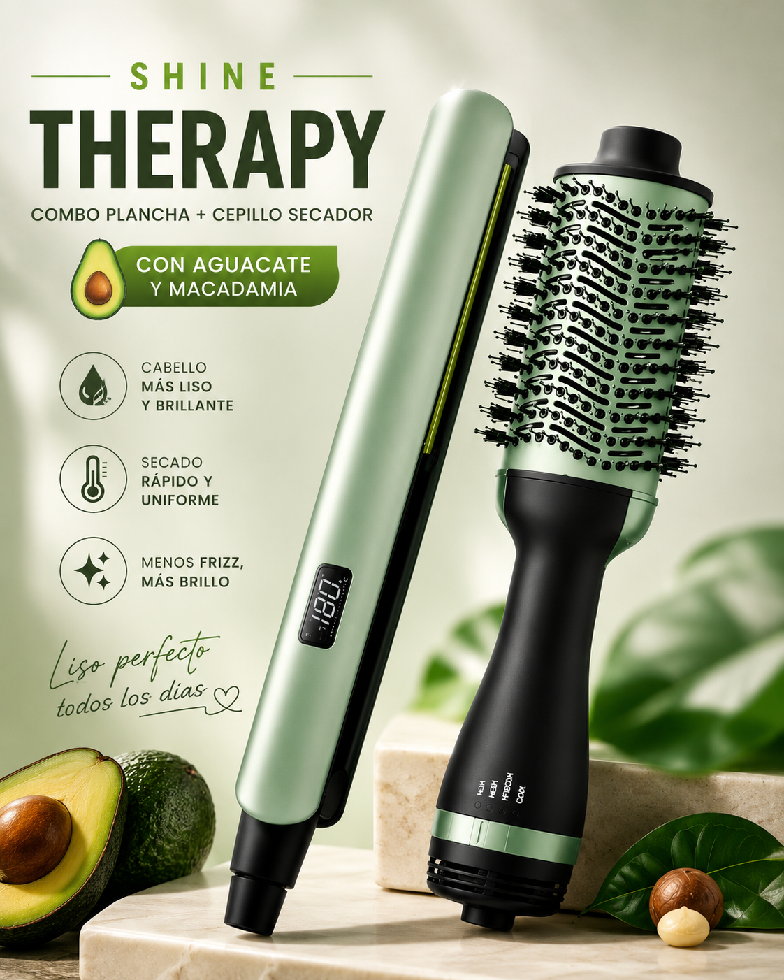 Combo Plancha Alisadora + Cepillo Secador Shine Therapy Aguacate | Cabello Liso, Brillante y Sin Frizz