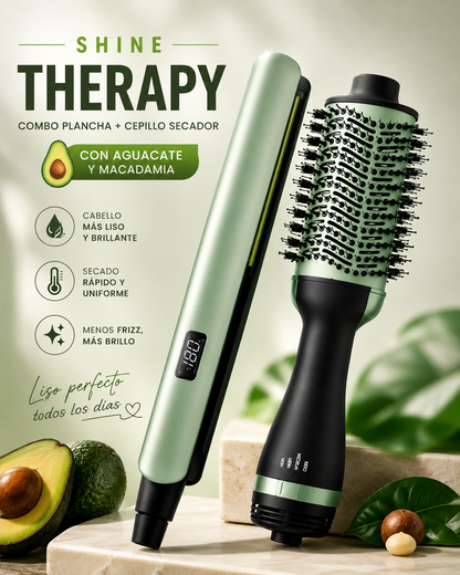 Combo Plancha Alisadora + Cepillo Secador Shine Therapy Aguacate | Cabello Liso, Brillante y Sin Frizz