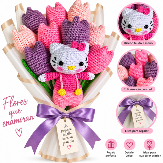Ramo de 9 Tulipanes y 1 Hello Kitty en Crochet