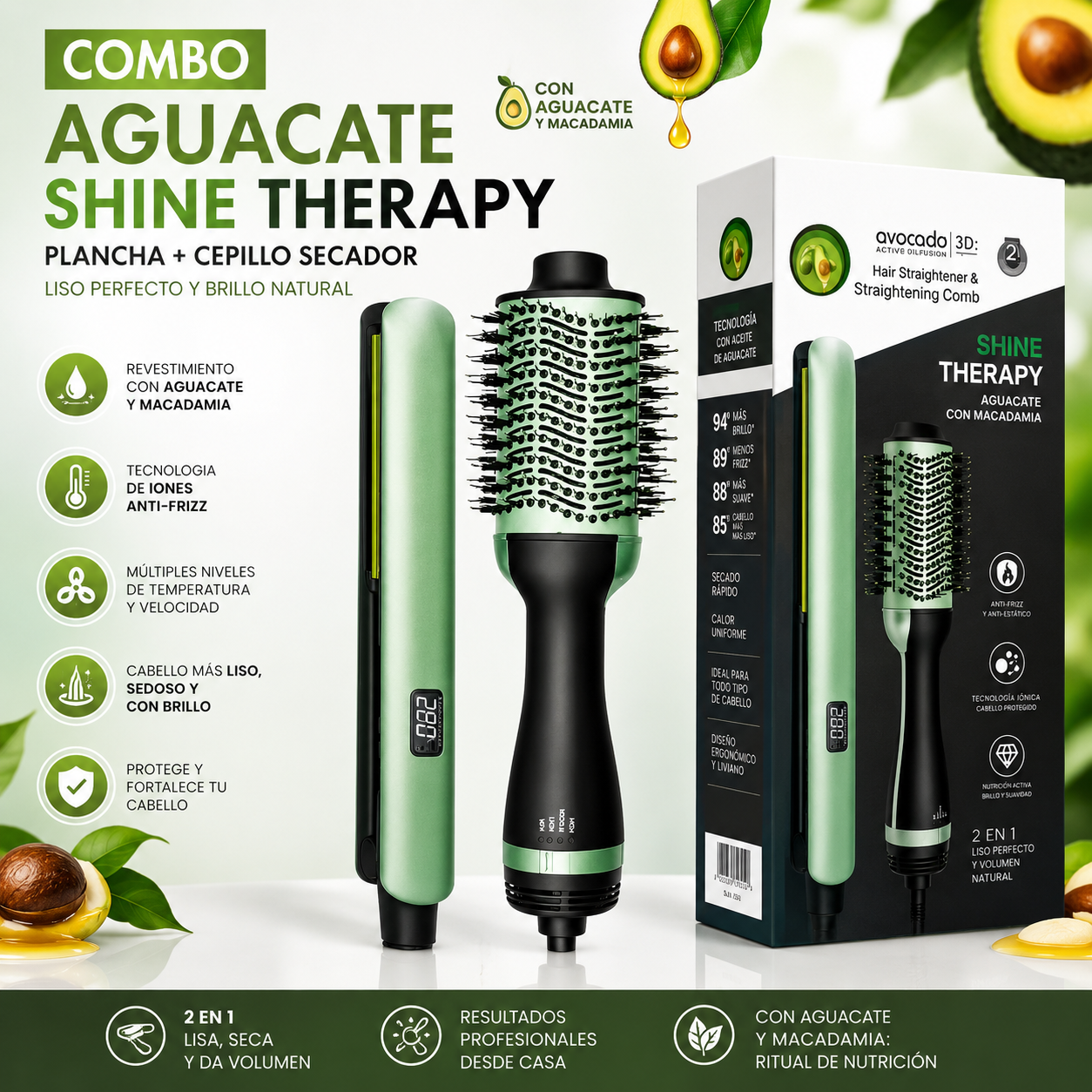 Combo Plancha Alisadora + Cepillo Secador Shine Therapy Aguacate | Cabello Liso, Brillante y Sin Frizz