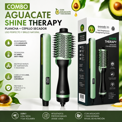 Combo Plancha Alisadora + Cepillo Secador Shine Therapy Aguacate | Cabello Liso, Brillante y Sin Frizz